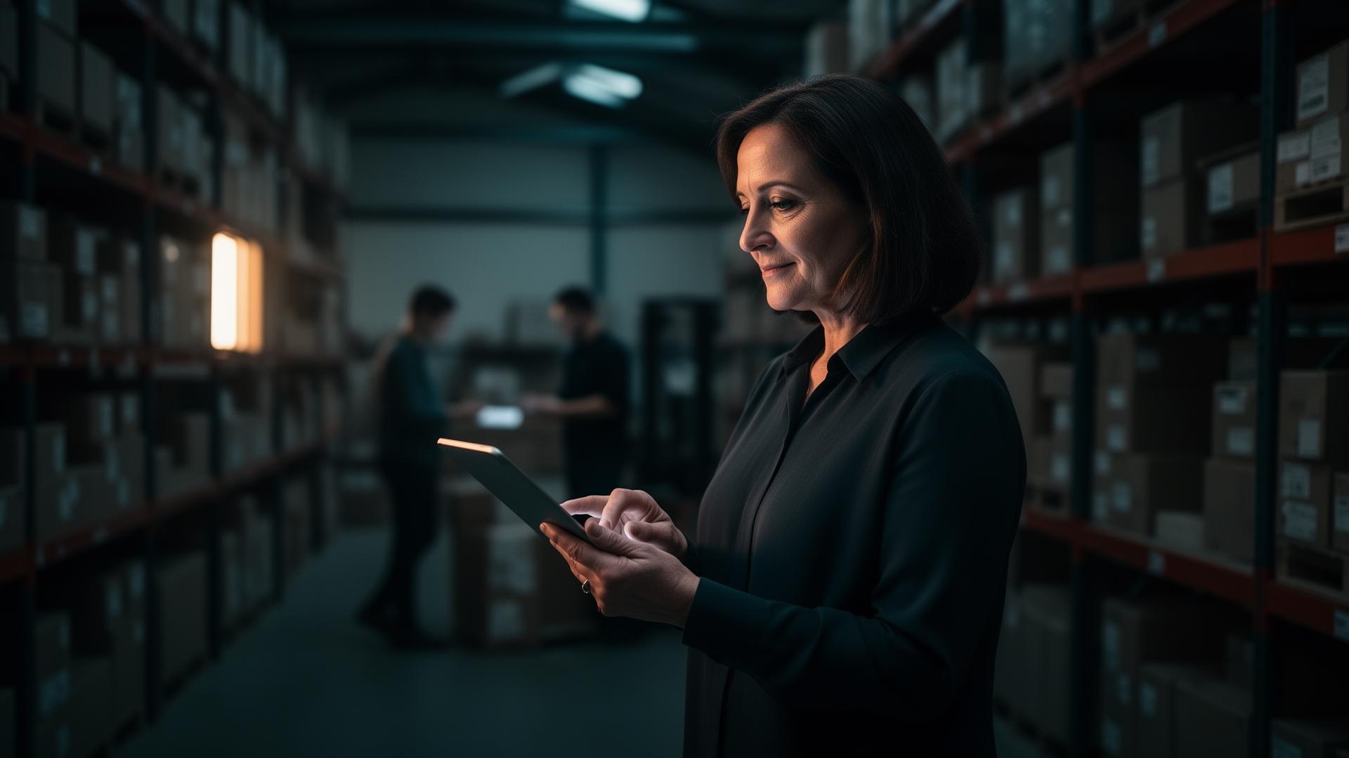 UK business owner reviewing orders in a stockroom