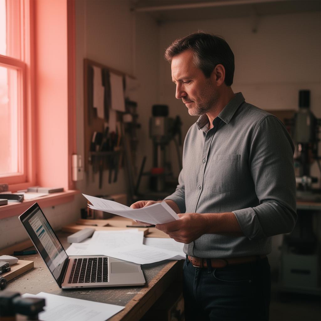 UK business owner reviewing paperwork at a workshop bench